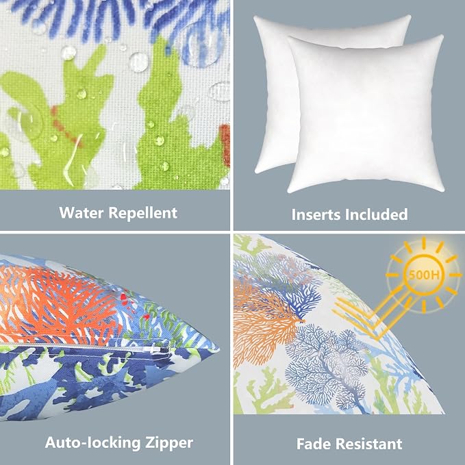 LVTXIII Outdoor/Indoor Throw Pillows, Decorative Throw Pillows with Inserts, 18"x18" Square Pillows for Bed, Couch, Sofa and Patio Furniture (Set of 2, Coral Multi)