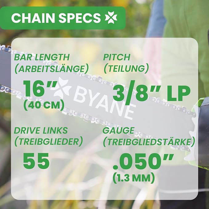 BYANE 16-Inch Carbide Chainsaw Chain 3/8"LP Pitch .050" Gauge 55 DL | Fits Stihl MS170, MS180, MS211, MS250, and Craftsman (Replaces S55)