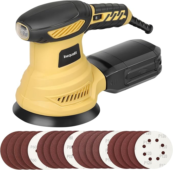 Random Orbital Sander, 2.5Amp 4.9-Inch Corded Palm Sander, Max 13000 OPM Electric Drywall Sander with 6 Variable Speed, 20Pcs Sandpapers and Dust Bag for Woodworking, Sanding, Polishing