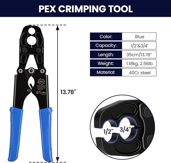 PEX Pipe Crimping Tool 1/2" & 3/4",PEX Crimp Tool Kit for Copper Crimp Rings with a wrench and GO/NO-GO Gauge