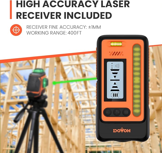 DOVOH Outdoor Laser Level 360 Self Leveling with Receiver, H3-360G-KIT | 400ft Long Range With Detector, High Power, Daylight Use, Green Beam, For Outside, Grading, Construction, Decking, Framing
