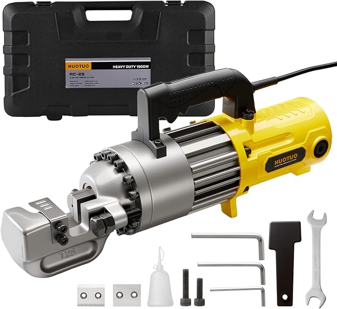 HUTOUO 1" Electric Hydraulic Rebar Cutter, Portable Rebar Cutter, Fast Cutting #8 4-25mm Rebar within 2-3s Cutting Speed, 1600W High Power Steel Rebar Cutter for Construction 120v/60hz (RC25-Yellow)