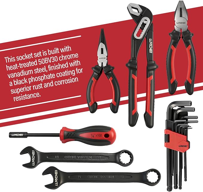 LLNDEI 112Pcs Mechanics Tool Set, 1/2" Drive Ratchet Wrench Tool Set | SAE and Metric, 6&12-Point Sockets Set with Bits, Combination Wrench universal joint adapter, with Storage Case