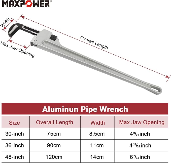 MAXPOWER 30-inch Pipe Wrench, 4.2" Jaw Opening, Aluminum Plumbing Wrench | Heavy Duty Adjustable Straight Pipe Wrench