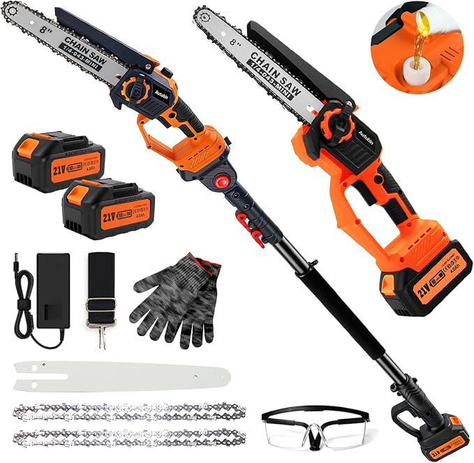 2-in-1 Electric Pole Saw for Tree Trimming,1200W Brushless Cordless Pole Saw & 8 Inch Mini Chainsaw with 2 x 4.0Ah 21V Batteries,16 FT Max Reach & Multi-Angle, Tree Trimmer for Branch Cutting.