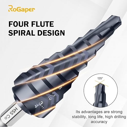 M35 Four Spiral Flute Cobalt Step Drill Bit Set 1/8"-7/8", Industrial Grade Wear-Resistant TiAlN Coated 1/4" Hex Shank Step Bit for Metal, Stainless Steel, Aluminum, Wood, Plastic (3pcs)