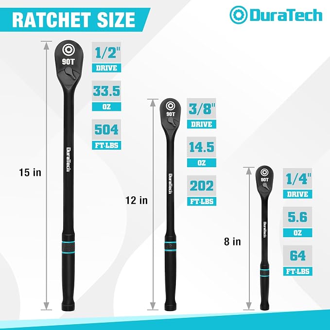DURATECH 3-Piece Extra Long Drive Ratchet Handle, 90-Tooth Ratchet Wrench | 1/4", 3/8", 1/2" Socket Wrench with Dust Proof Teardrop Enclosed CR-MO Head, Reversible, CR-V Made, Black Mn Phosphate Finish