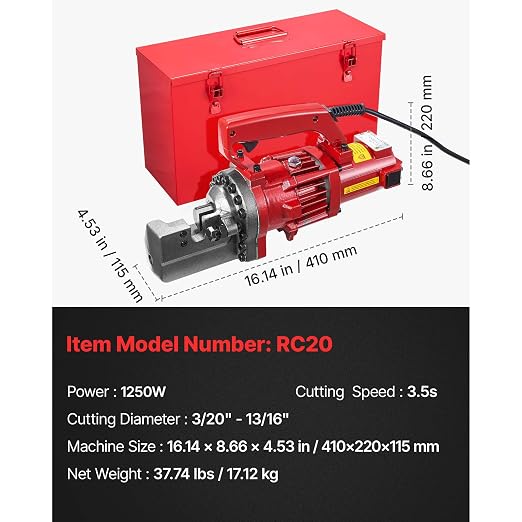 Happybuy Electric Hydraulic Rebar Cutter 1250W RC-20 110V - Portable, Cuts #6 4-20mm Rebar in 4 Seconds, with Stainless Steel Carry Case