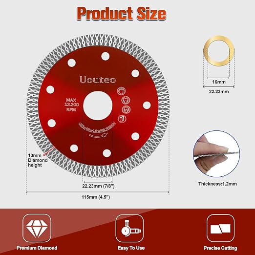 15 Pcs Diamond Saw Blade, 4.5 Inch Super Thin Tile Blade, Diamond Saw Blades for Angle Grinder, 4.5" Tile Blade for Smooth Cutting Marble Ceramics Porcelain Tiles(4.5 inch-15Pcs-Red)