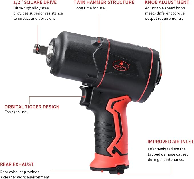 AEROPRO TOOLS 1/2-Inch Composite Air Impact Wrench Pneumatic Impact Wrench | Twin Hammer,1220 FT-LBS Max Loosening Torque,8000RPM,for Auto Repair,Tire Shop (Lightweight Housing)