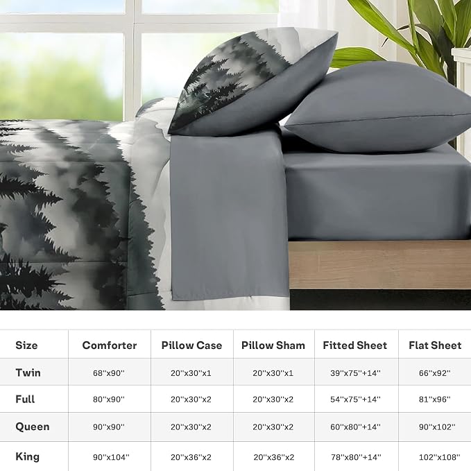 Nesker Comforter Set King Size, Ink Forest 7 Pcs Bedding for Kids and Adults, Misty Mountains Bed Sheet Sets with Fitted Sheet 2 Pillowcases & 2 Shams