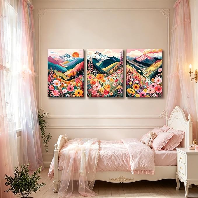 Frimeeme Colorful Watercolor Floral Mountain Canvas Wall Art, 3-Piece Boho Nature Landscape Print, Living Room Bedroom Decor, 12x16 in,Framed