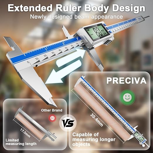 Preciva Digital Caliper 12 Inch, Rechargeable Stainless Steel Vernier Caliper with Large Display, Auto Off, Precision Inch/mm/Fraction Measuring Tool for DIY/Household/Woodworking