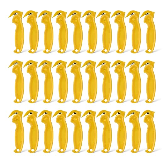 Amazon Basics Film Safety Cutter, Concealed Stainless Steel Blade with Tape Splitter for Boxes, Packages, Shrink Wrap, Yellow, 30-Pack