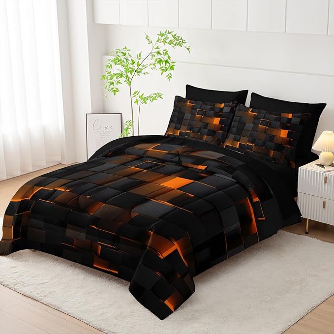 Nttopship Geometric Yellow Black Twin Comforter Set,Light Honeycomb Bedding Set 7 Piece in A Bag,Bed Sheet Set Geometry Decor,Microfiber Lightweight All Season