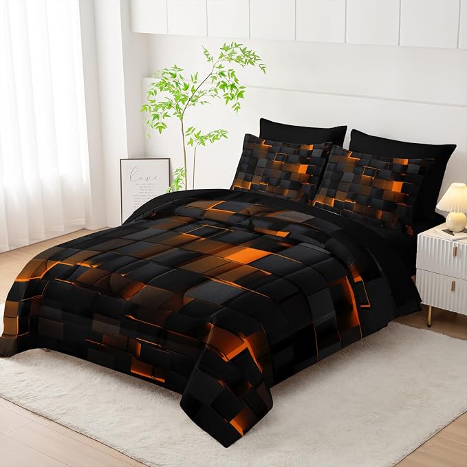 Nttopship Geometric Yellow Black Queen Comforter Set,Light Honeycomb Bedding Set 7 Piece in A Bag,Bed Sheet Set Geometry Decor,Microfiber Lightweight All Season