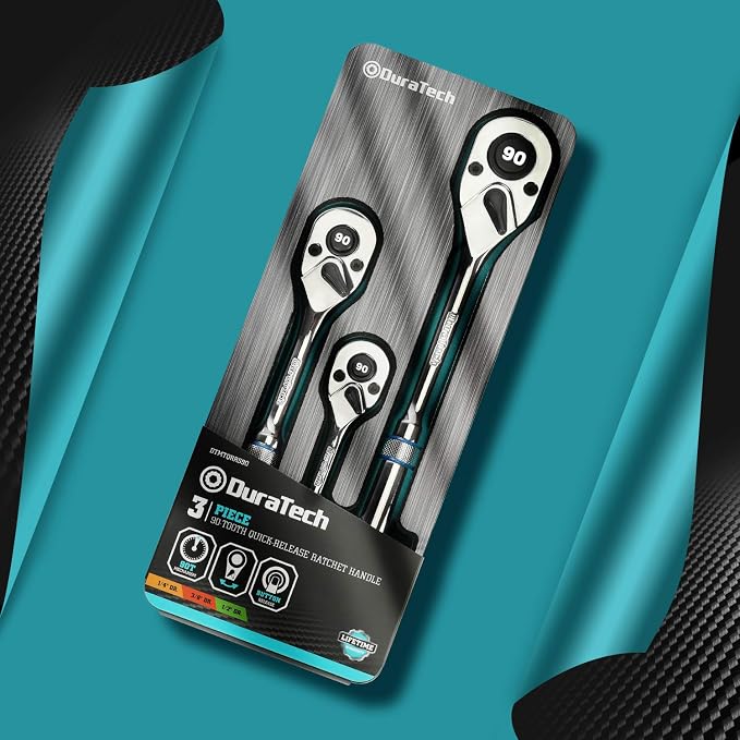 DURATECH 3-Piece Drive Ratchet, 90-Tooth Quick-Release Ratchet Wrench | 1/4", 3/8", 1/2" Socket Wrench for Men Women, Reversible, Cr-V Made, 4° Swing, Full Polished, Stocking Stuffers for Men Women