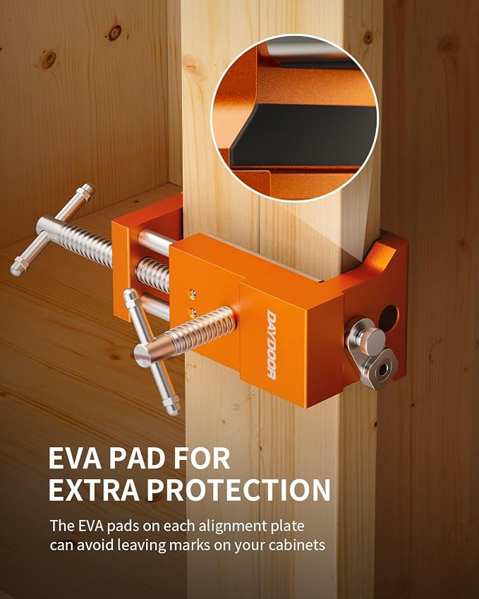 DAYDOOR Professional Cabinet Installation Clamps 2 Pack, Heavy Duty Face Frame Alignment Tool with Integrated Drill Guide & EVA Protection, Woodworking Claw Clamps, Orange