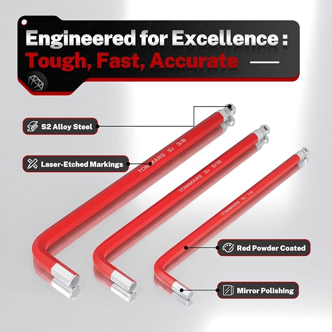 TOMMARS Allen Wrench Sets, SAE, Metric & Torx, Magnetic Ball End T-Handle | Magnetic Ball End, S2 Steel, T-Handle, SAE(1/16"-3/8"), Metric(1.5mm-10mm), TORX(T10-T50)
