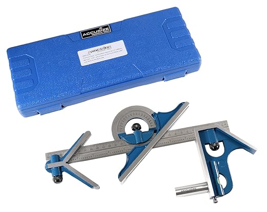 Accusize Industrial Tools Combination Square Set, 12''/300mm, 4 Pcs/Set, 0000-8108 | 4 Pc Set, E/M Graduation: 32nds, 64ths, 0.5mm, 1mm, Satin Chrome Blade