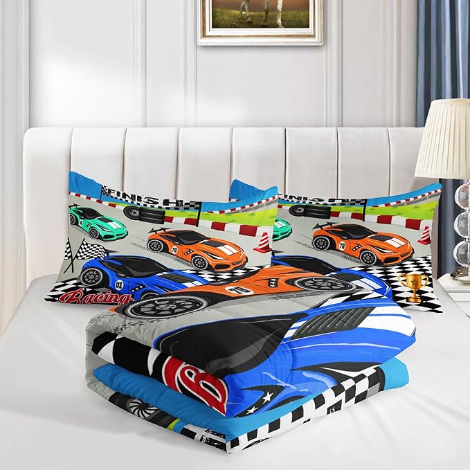 Axolotl Racing Car Bedding Set King,Cool Speed Race Car Comforter for Kids Boys Girls Teens,Racing Cars Quilt Set,Extreme Sport Theme with Three Cars Arrive at Finish,1 Comforter and 2 Pillowcases