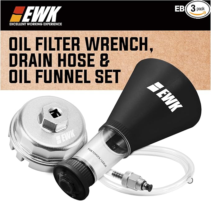 EWK 64mm Oil Filter Wrench, Drain Hose & Oil Funnel Set, Complete No-Mess Forged Aluminum Oil Change Kit for Toyota, Lexus, Scion 2.0L - 5.7L Engines