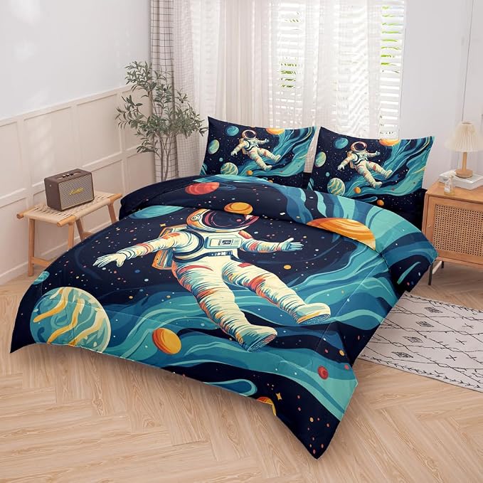 Space Astronaut Comforter Set Twin,Boys Twin Space Bedding Set 5 Pieces,Twin Comforter Set for Kids,Galaxy Comforter with Astronaut Patterns
