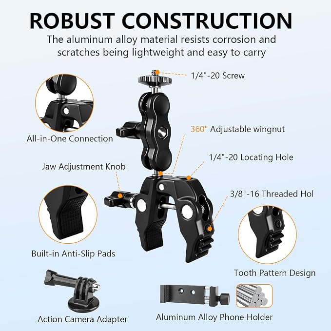 Chelhead Super Clamp Camera Mount with Phone Holder for Up to 3" Tubes