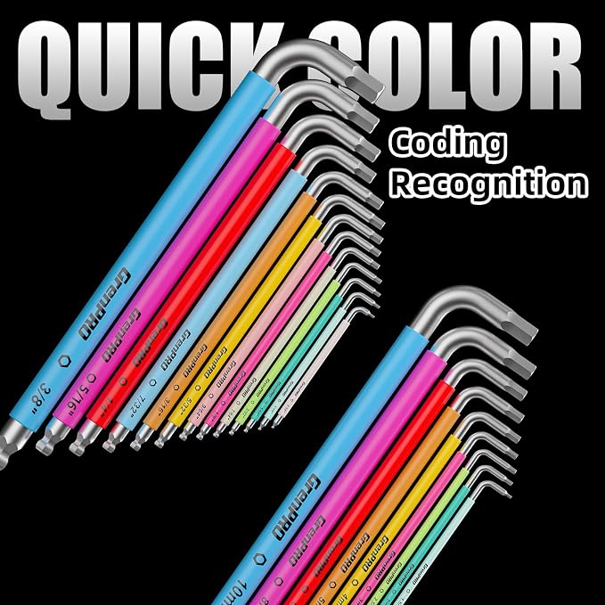 GRENPRO 22PC Allen Wrenches Sets Metric & SAE Hex Key Set Color Bike Tools | Long Standard Allen Key Set With Color Coding, Flat & Ball Tip Bit, DIY Assembly & Home Bicycle Repair, Corrosion Resistant