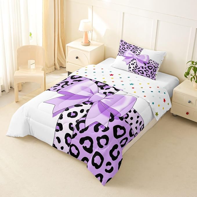 Feelyou Leopard Print Bedding Set Soft for Boys Girls, Purple Cheetah Bow Comforter Set Twin Size Animal Fur Duvet Quilt Microfiber Bedroom Decor 2 Pcs with 1 Pillow Cases
