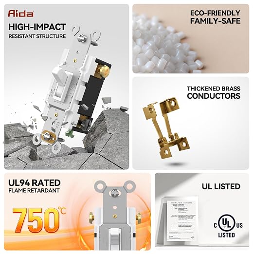 AIDA 15 Amp Toggle Light Switch, 4 Way, Grounding Screw, Residential Grade Electrical Wall Switch, UL Listed (White, 10 Pack)