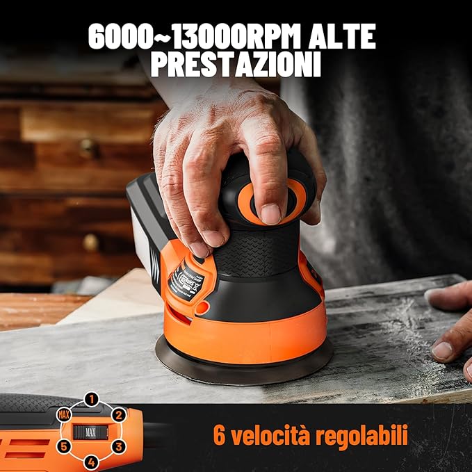 DOVAMAN ROS01A Orbital Sander, 3A Random Orbit Sander, 6 Variable Speeds, Up to 13000 rpm, 12pcs Sandpapers, 5in Sanding Pad, Dust Collection, Electric Tool Perfect for Woodworking