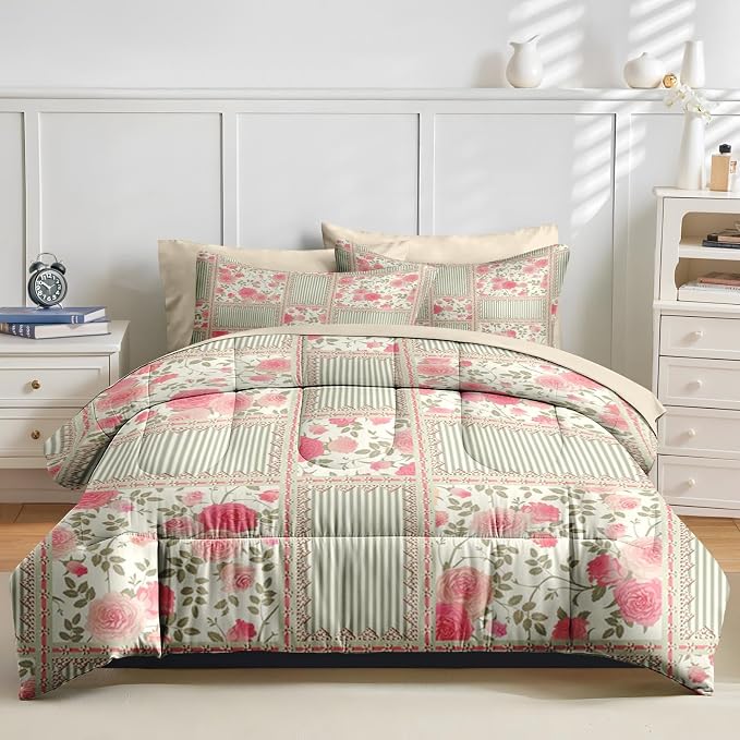 Nesker Comforter Set King Size, Floral Rose Leaves 7 Pcs Bedding for Kids and Adults, Shabby Chic Checkered Flower Bed Sheet Sets with Fitted Sheet 2 Pillowcases & 2 Shams