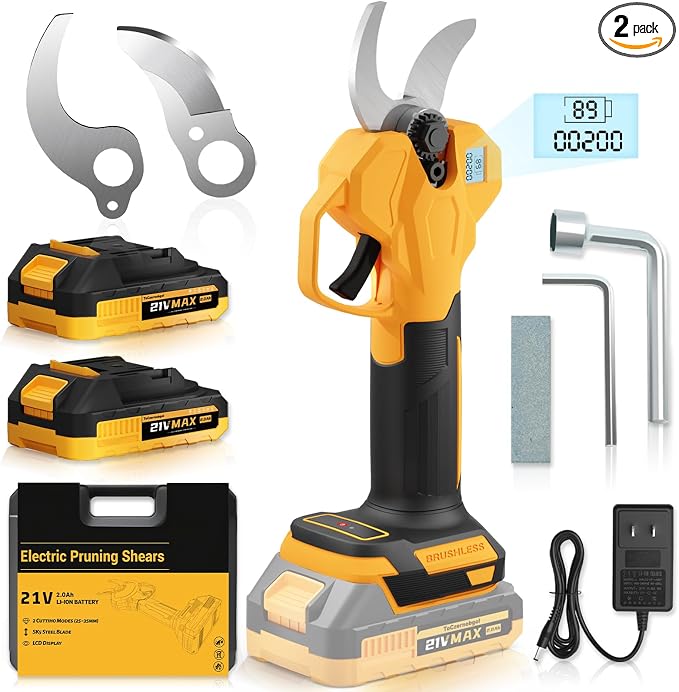 Electric Pruning Shears, Cordless Power Pruner with 2 Inch Cutting Diameter, LCD Display, Brushless Motor & 2×2.0Ah Batteries for Tree Branches & Garden