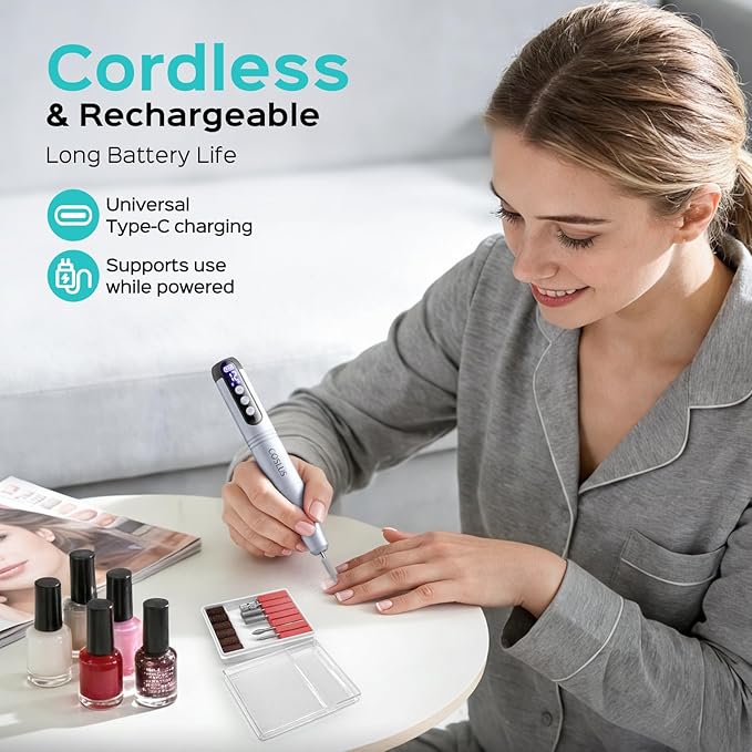 COSLUS C50 Cordless Electric Nail Drill : 12-Speed Professional Nail File with LED Display for All Manicure Shaping & Gel Removal, Nail Art Practice Essentials, Home DIY & Portable Travel Use, Grey