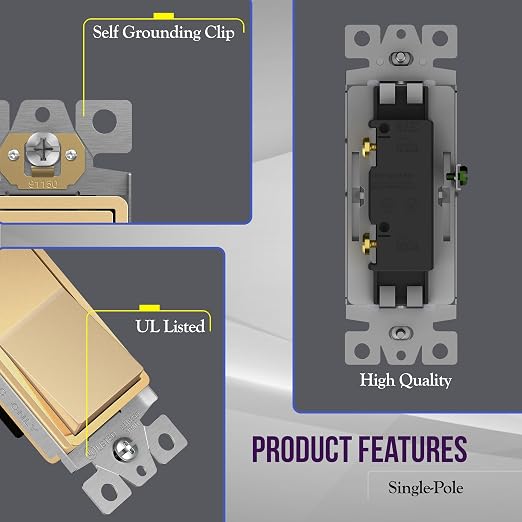 ENERLITES Elite Series Decorator Rocker Light Switch, 15A 120V/277V, Gloss Finish, Single Pole, 3 Wire, Grounding Screw, Residential Grade, UL Listed, 91150-GD, Gold Color