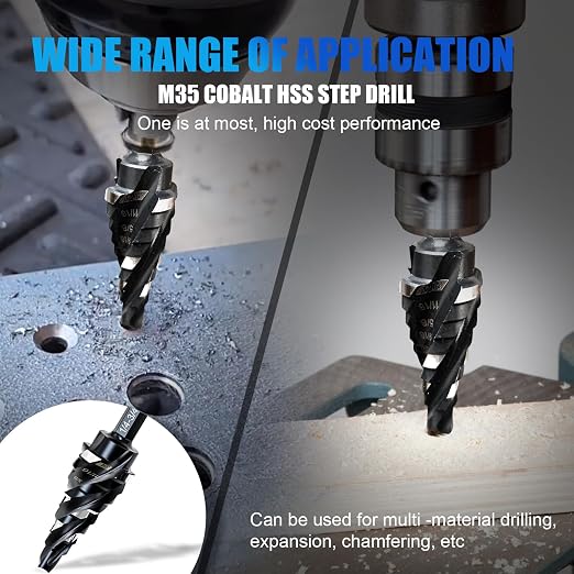 M35 Four Spiral Flute Step Drill Bit Set 1/4"-3/4" （9 Sizes）, 1/4" Hex Shank Unibit Step Drill bit, Impact Resistant M35 Cobalt Step Drill Bit, for Stainless Steel, Wood, Aluminum, Plastic