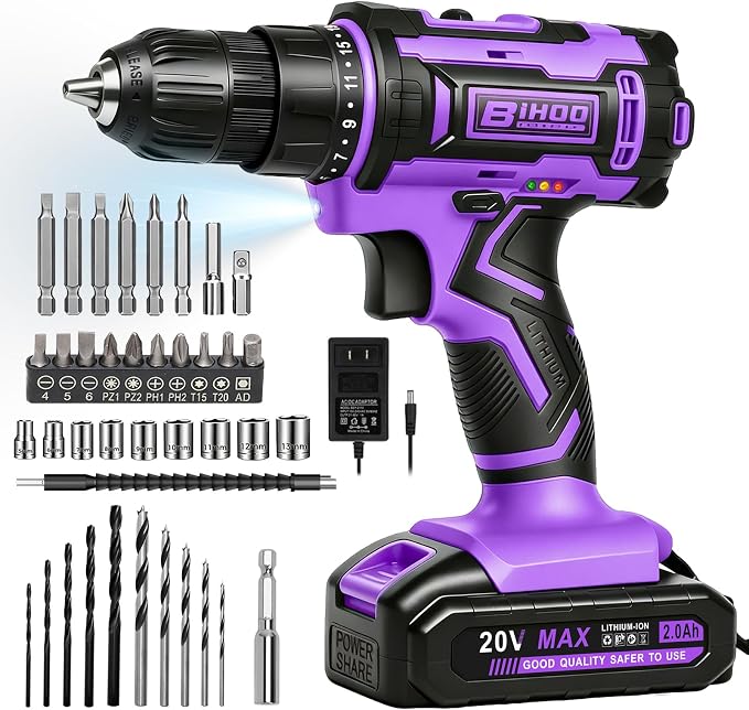 Purple Cordless Drill Set,20V Drill Driver with Battery and Charger,3/8-Inch Keyless Chuck, Variable Speed,with Drills Bits Set