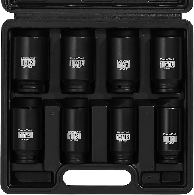 TecoTek 1/2" Drive Deep 6-Point Impact Socket Set, 8-Piece Standard SAE Spindle Axle Nut Impact Socket Set, Cr-Mo, 1-Inch to 1-1/2-Inch Size