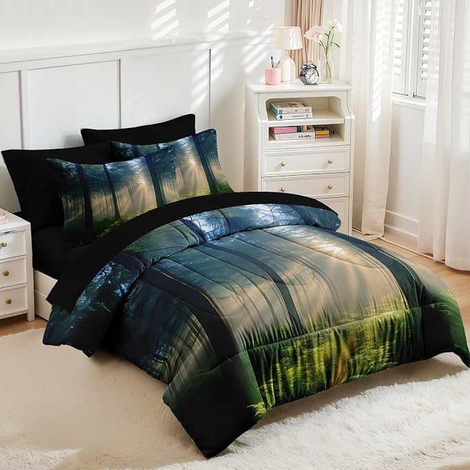 Nesker Comforter Set King Size, Sunlit Forest Nature 7 Pcs Bedding for Kids and Adults, Misty Tree Forest Bed Sheet Sets with Fitted Sheet 2 Pillowcases & 2 Shams