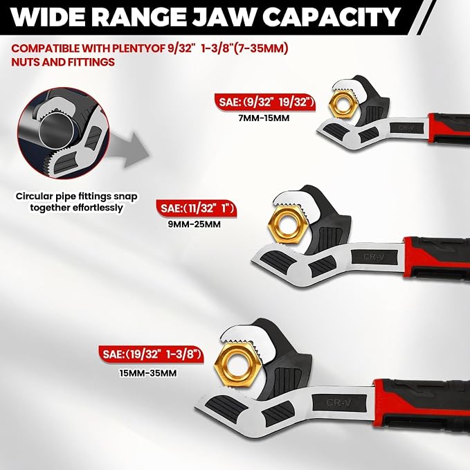 3 Pack Pipe Wrench Set, 6" 8" 10" Self Adjusting Wrench | Self Adjusting Pipe Wrench Set Fits 9/32" To 1-3/8" (7-35mm) Nuts & Pipe Fittings. Perfect for Tight Spaces.