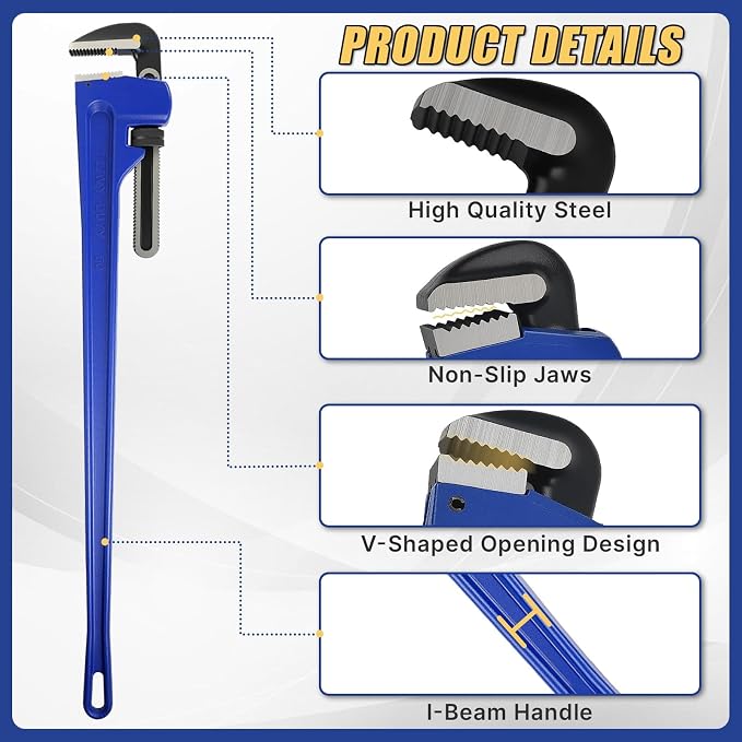 60 Inch Pipe Wrench, Max 9 Inch Jaw Opening, Carbon Steel Plumbing Tool | Straight Handle Wrench Set with Gloves and 8 Inch Pipe Wrench for Mechanics, Plumbing and Construction, Blue