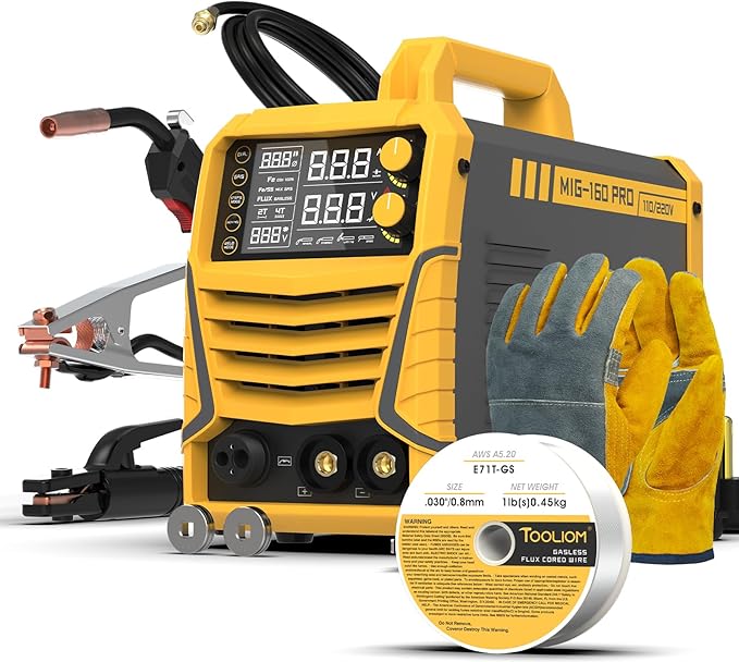 TOOLIOM 160A MIG Welder 4 in 1 Gas MIG/Flux Core MIG/Stick (MMA)/Lift TIG Welding Machine 110/220V Dual Voltage Welder IGBT DC Inverter with LCD Display