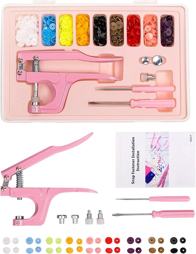 LBTEE Plastic Snap Fastener Kit with Plier Screwdriver Awl and Storage Case, 100 Sets Snaps, 9 Colors T5 Buttons, 12mm Cap. Snap Plier for T3(10mm), T5(12mm), T8(15mm) Buttons, Pink