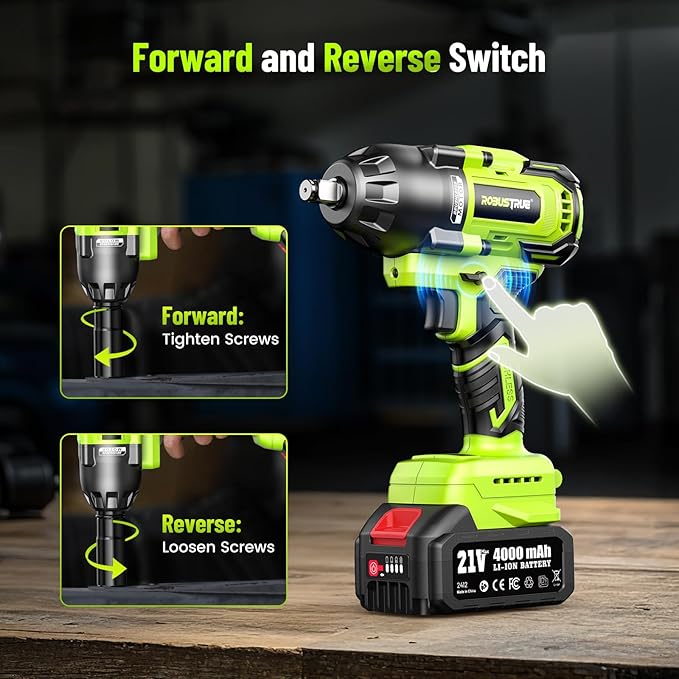 Robustrue Cordless Impact Wrench, 885Ft-lbs (1200N.m) 1/2" Brushless Impact Gun, 21V High Torque Power Impact Driver, 2x4.0Ah Batteries Electric Impact Motor Variable Speeds for Car/Truck RV/Mower
