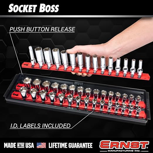 Ernst Manufacturing 8460HV Socket Boss 3-Rail Multi-Drive Socket Rail Organizer with Tray, 18-Inch, High-Visibility - Made in USA
