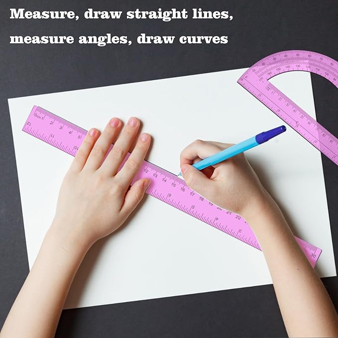 2 Packs 12 Inch Plastic Ruler and 6 Inch Plastic Protractor Set Clear Math Geometry Set Classroom Set Angle Detector School Supplies Classroom Ruler Home Office Drawings (Pink)