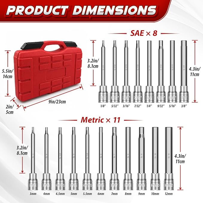 JETMORE 19PCS 3/8" Drive Allen Socket Set, Extra Long Hex Bit Socket Set | SAE & Metric hex socket set, S2 steel & CR-V allen wrench socket set, allen key socket for ratchets, auto repair, mechanics