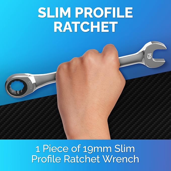 Ratcheting Wrench - Slim Profile - Ratchet Wrench, 19 mm Wrench Set