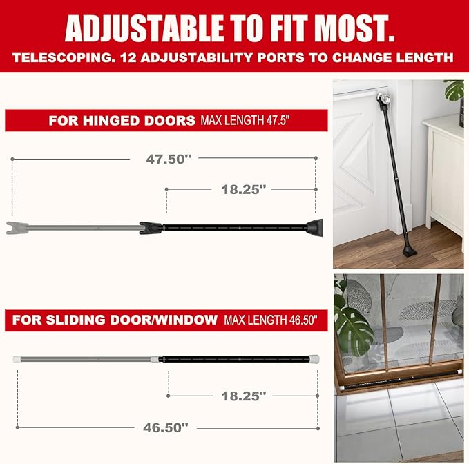 SecurityMan 2-in-1 Door Security Bar & Sliding Patio Door Security Bar (2 Pack) via Interchangeable Caps - Constructed of High Grade Iron - Black